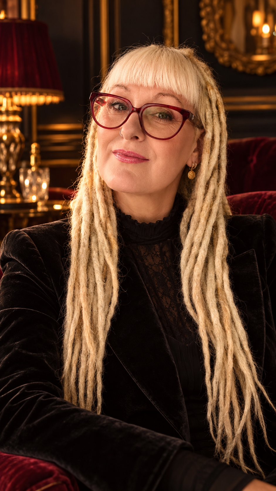 Editorial portrait of Madame Velvet in a black velvet jacket, wearing burgundy glasses
